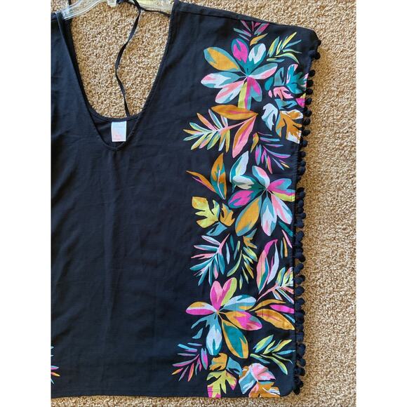 Xhilaration Black Colorful Tropical Palm Floral Pom Fringe Swim Coverup Womens S - Picture 3 of 6